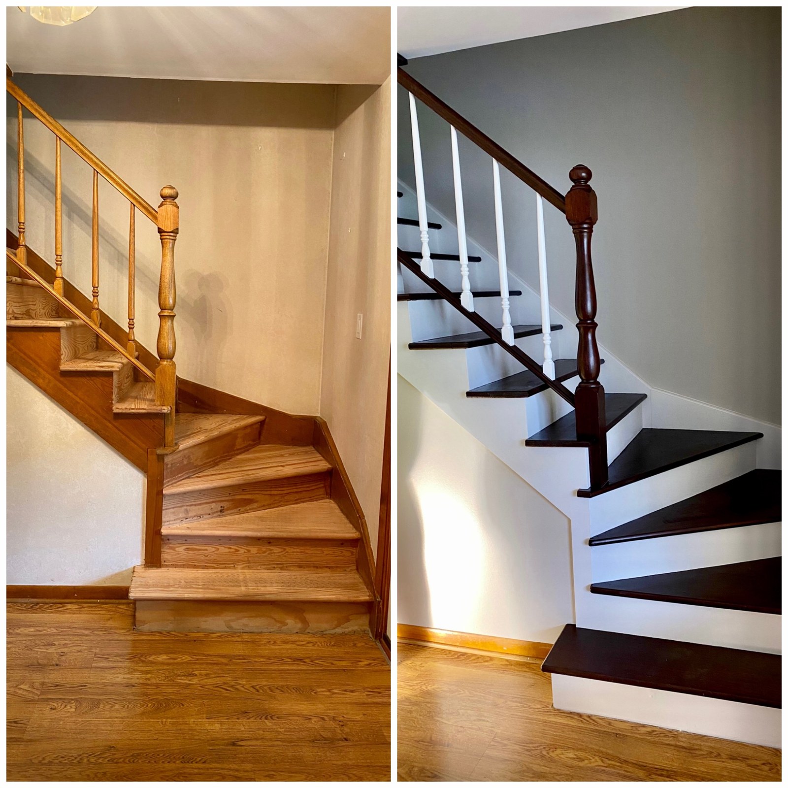 Before and after staircase painting transformation